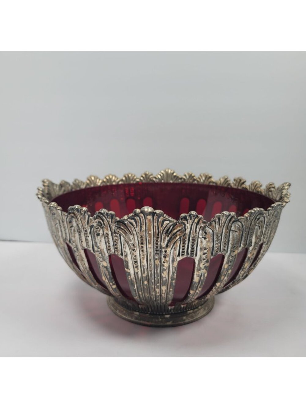 Vintage Silver Plated Godinger Ruby Red Glass Console Bowl with Utensils Set - Picture 5 of 12